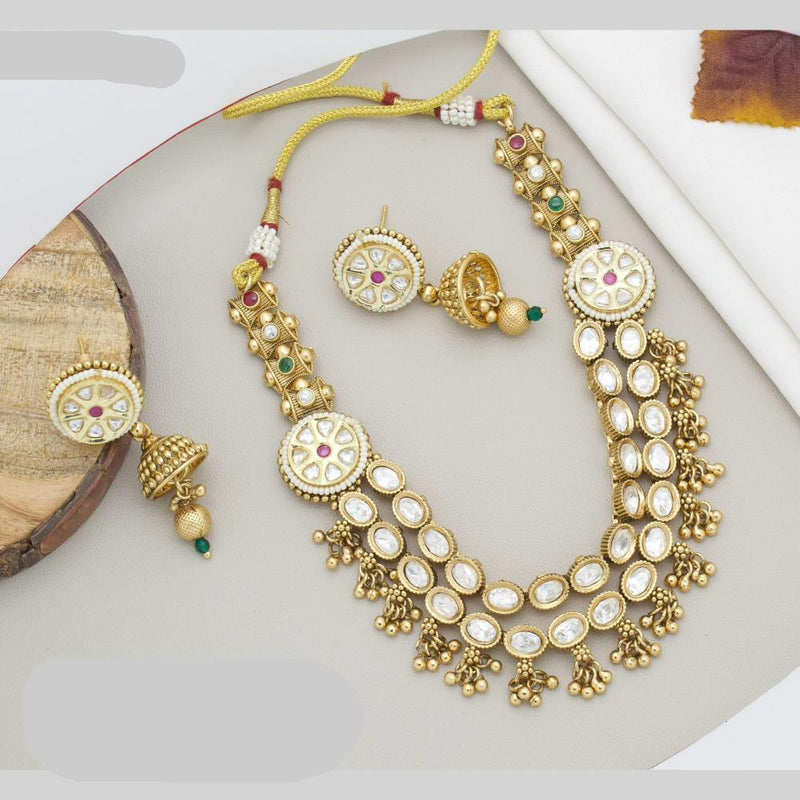 JCM Gold Plated Kundan Stone And Pearls Necklace Set