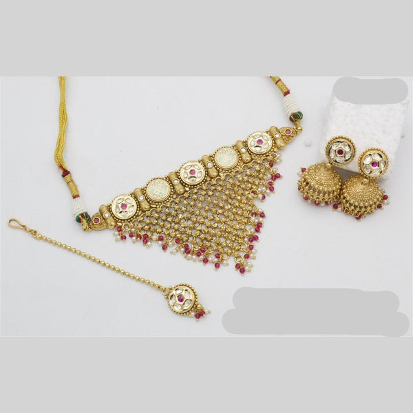 JCM Gold Plated Polki Kundan Stone And Pearls Meenakari Choker Necklace Set