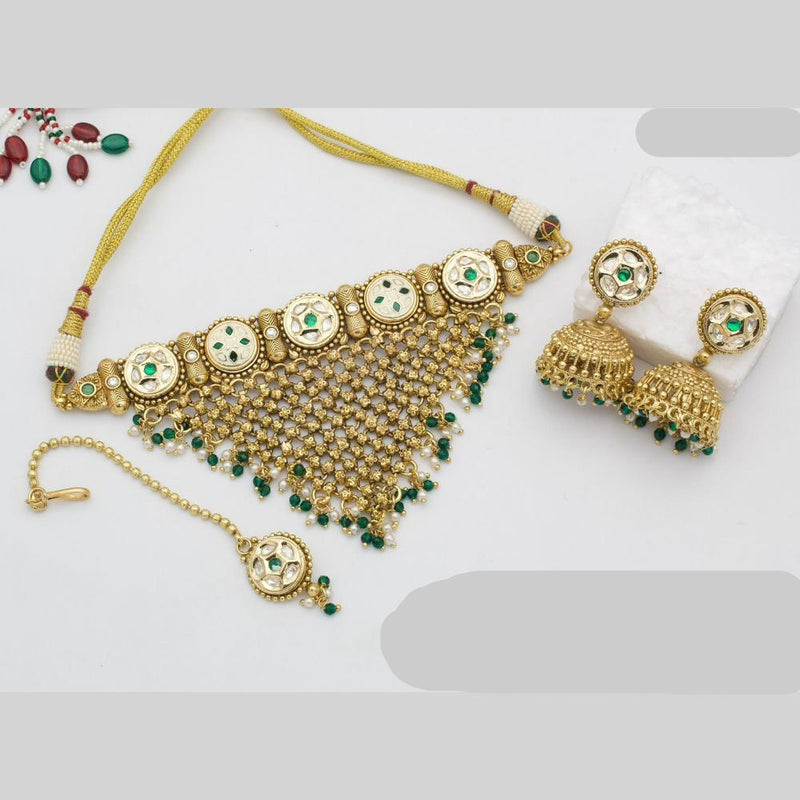 JCM Gold Plated Polki Kundan Stone And Pearls Meenakari Choker Necklace Set