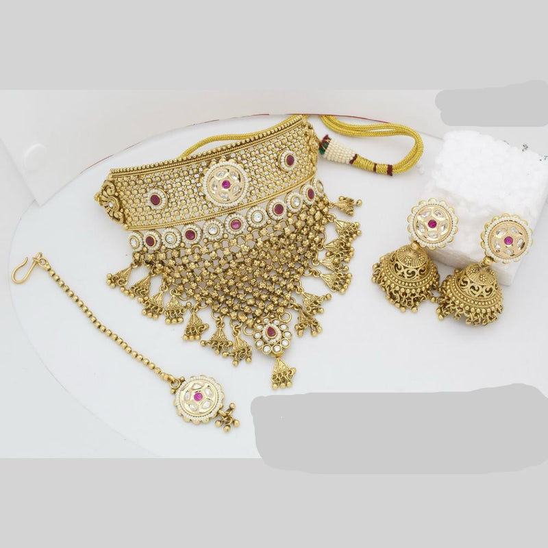 JCM Gold Plated Polki Kundan Stone And Pearls Meenakari Choker Necklace Set