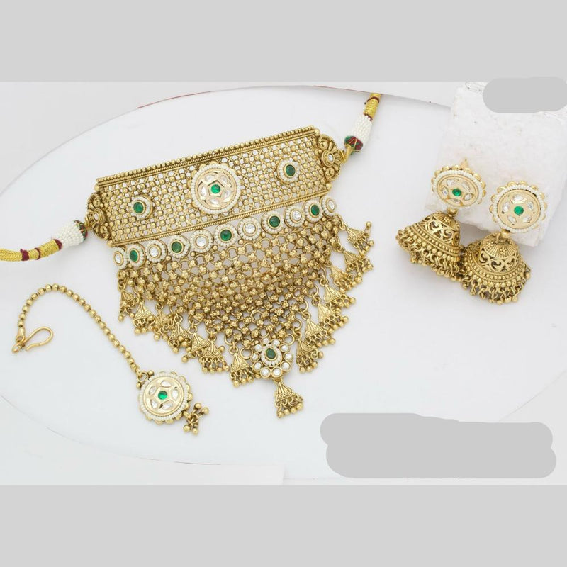 JCM Gold Plated Polki Kundan Stone And Pearls Meenakari Choker Necklace Set