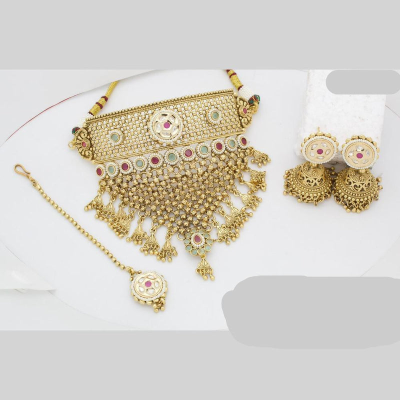 JCM Gold Plated Polki Kundan Stone And Pearls Meenakari Choker Necklace Set