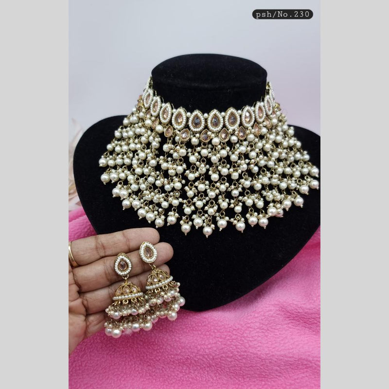 JCM Gold Plated Crystal Stone And Pearls Choker Necklace Set