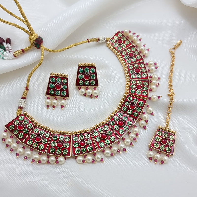 JCM Gold Plated Pearl And Meenakari Necklace Set