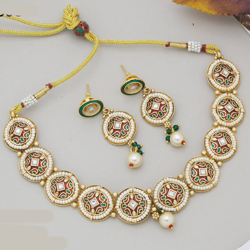 JCM Gold Plated Pearl And Meenakari Necklace Set