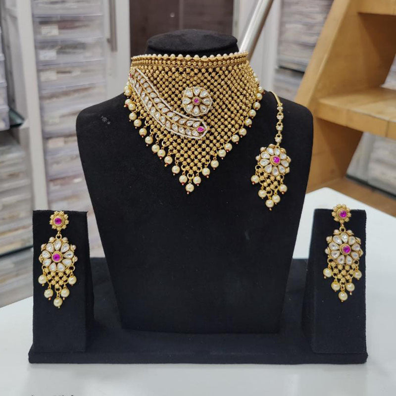 JCM Gold Plated Pota Stone And Pearls Choker Necklace Set