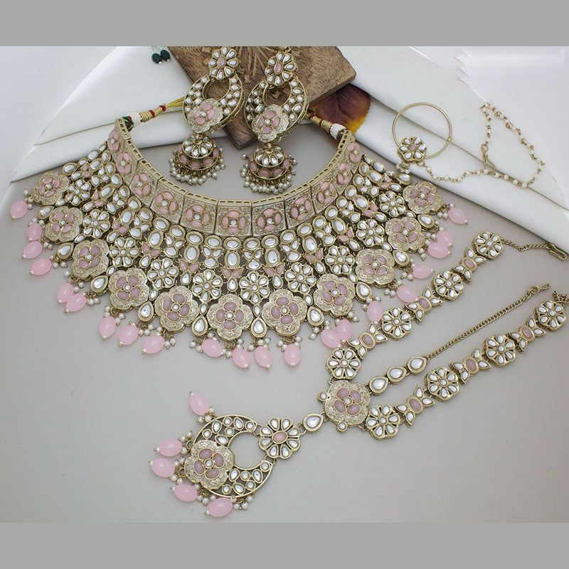 JCM Gold Plated Kundan Stone And Pearls Semi Bridal Necklace Set