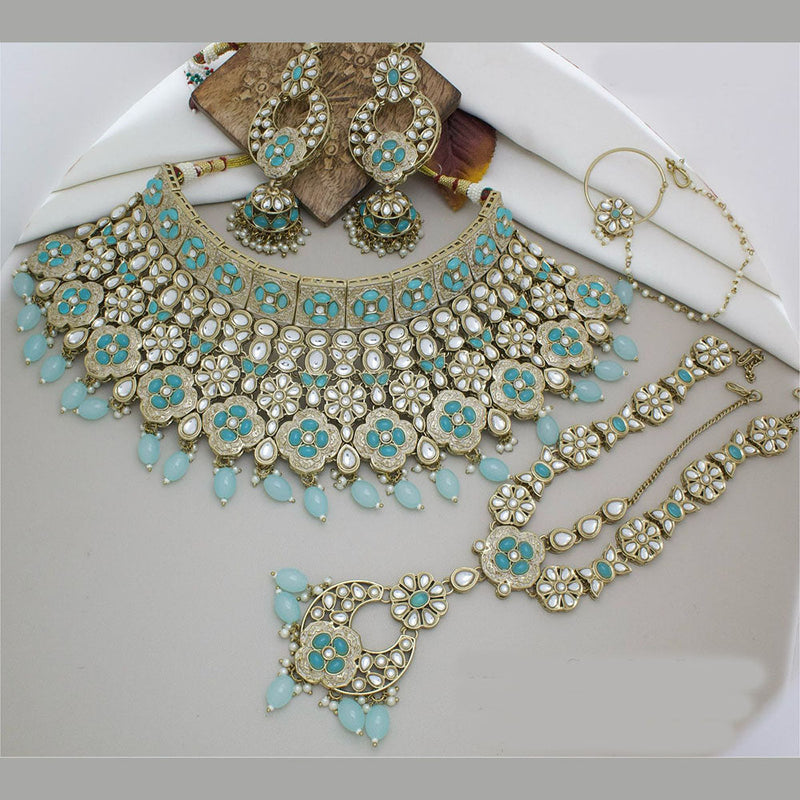 JCM Gold Plated Kundan Stone And Pearls Semi Bridal Necklace Set