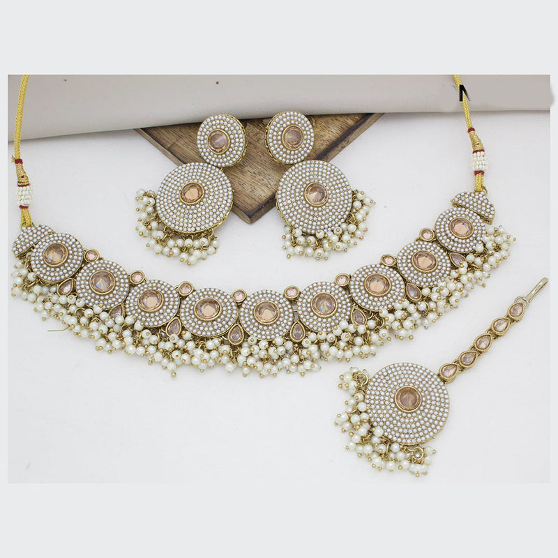 JCM Gold Plated Crystal Stone And Pearls Choker Necklace Set