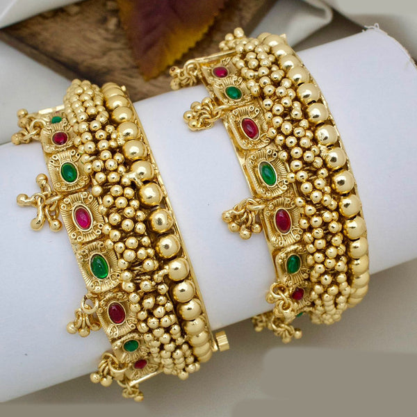 JCM Gold Plated Pota Stone And Pearls Openable Bangles Set