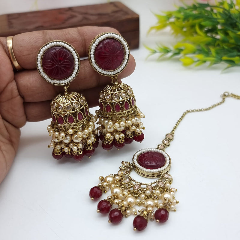 JCM Gold Plated Crystal Stone Jhumki Earrings With Maangtikka