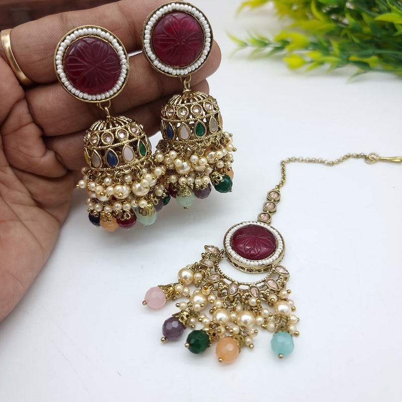 JCM Gold Plated Crystal Stone Jhumki Earrings With Maangtikka