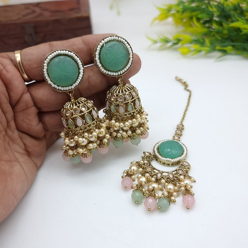 JCM Gold Plated Crystal Stone Jhumki Earrings With Maangtikka