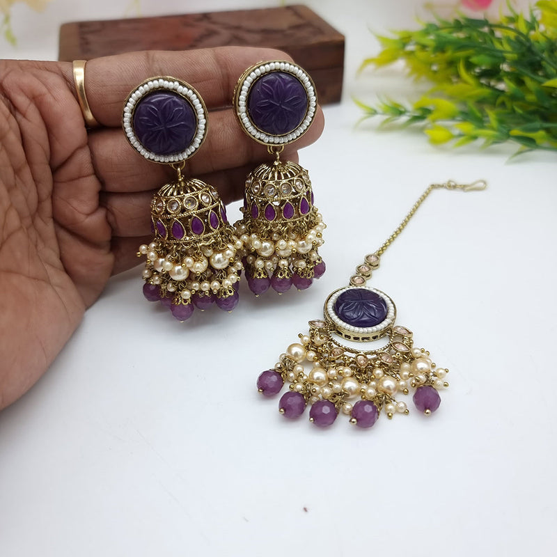 JCM Gold Plated Crystal Stone Jhumki Earrings With Maangtikka