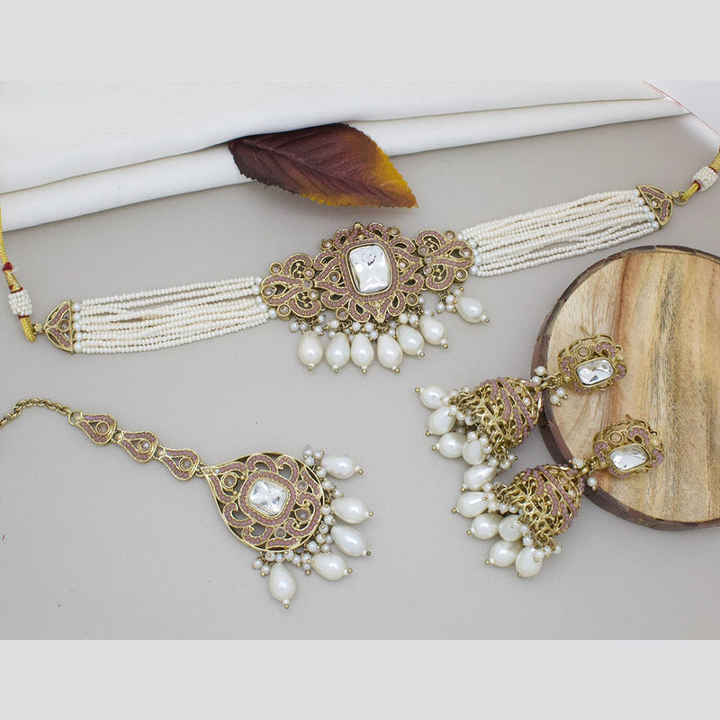 JCM Gold Plated Crystal Stone And Pearls Choker Necklace Set