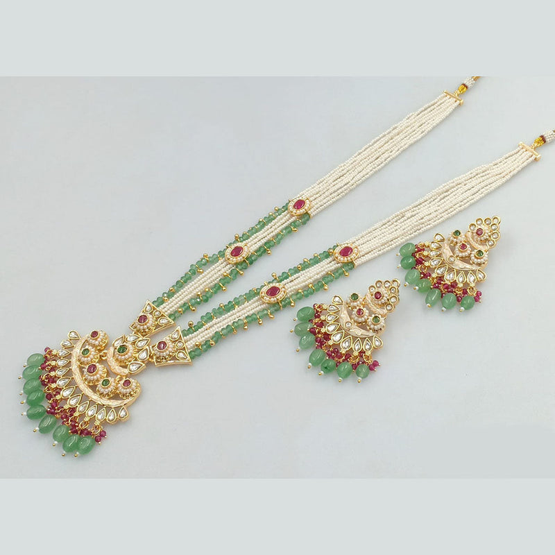 JCM Gold Plated Kundan Stone Pearls And Beads Long Necklace Set