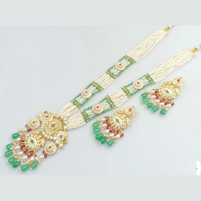 JCM Gold Plated Kundan Stone Pearls And Beads Meenakari Long Necklace Set