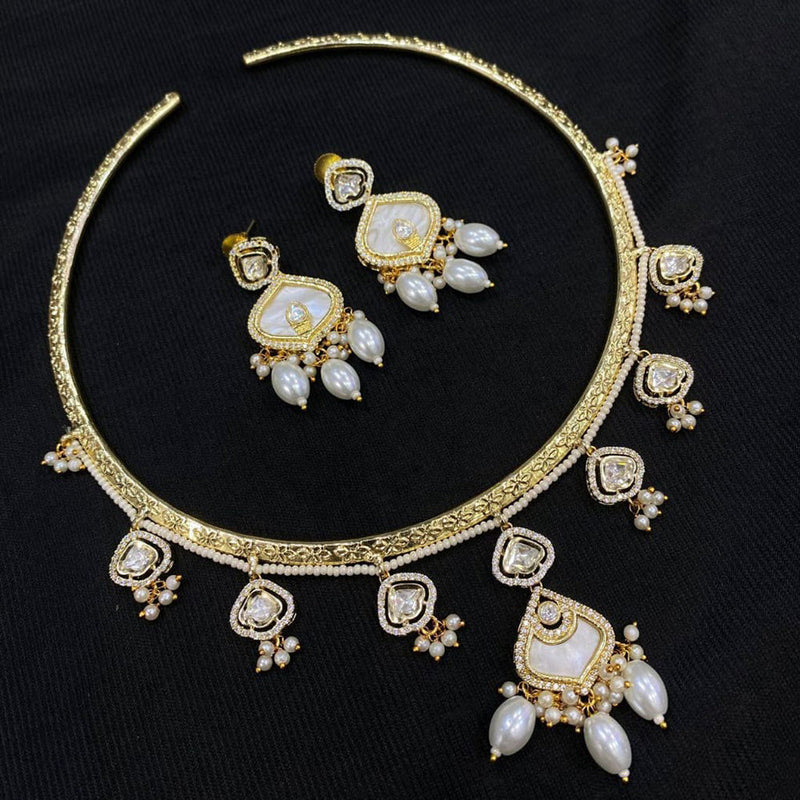 JCM Gold Plated Polki Kundan Stone And Pearls Choker Necklace Set