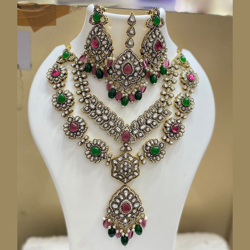 JCM Gold Plated Polki Kundan Stone And Pearls Long Necklace Set