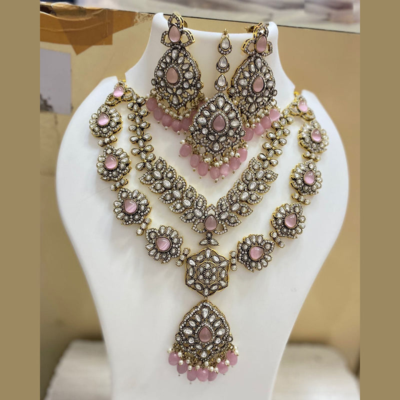 JCM Gold Plated Polki Kundan Stone And Pearls Long Necklace Set