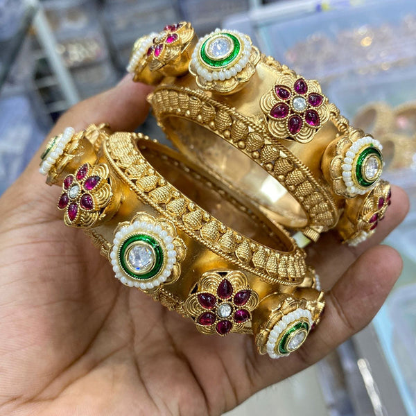 JCM Gold Plated Pota Stone And Pearls Meenakari Openable Bangle Set