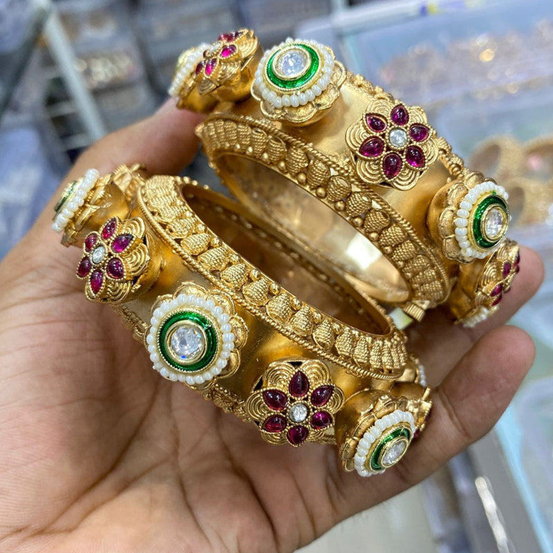 JCM Gold Plated Pota Stone And Pearls Meenakari Openable Bangle Set