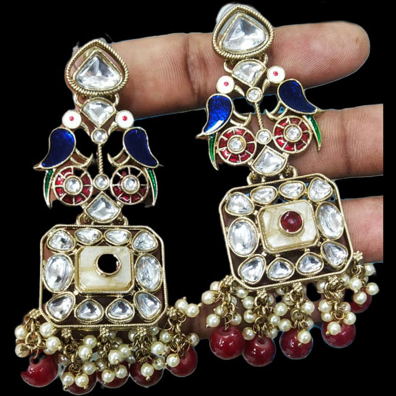 JCM Gold Plated Kundan And Pearl Meenakari Dangler Earrings