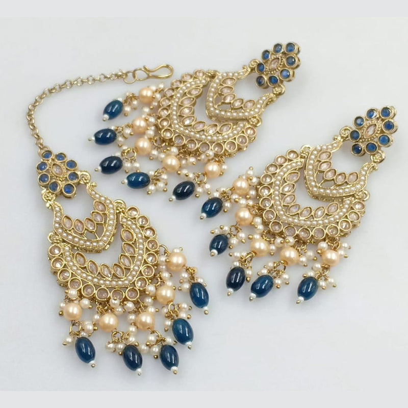 JCM Gold Plated Crystal Stone And Pearls Dangler Earrings With Maangtikka