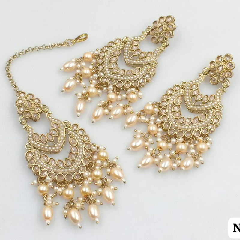 JCM Gold Plated Crystal Stone And Pearls Dangler Earrings With Maangtikka