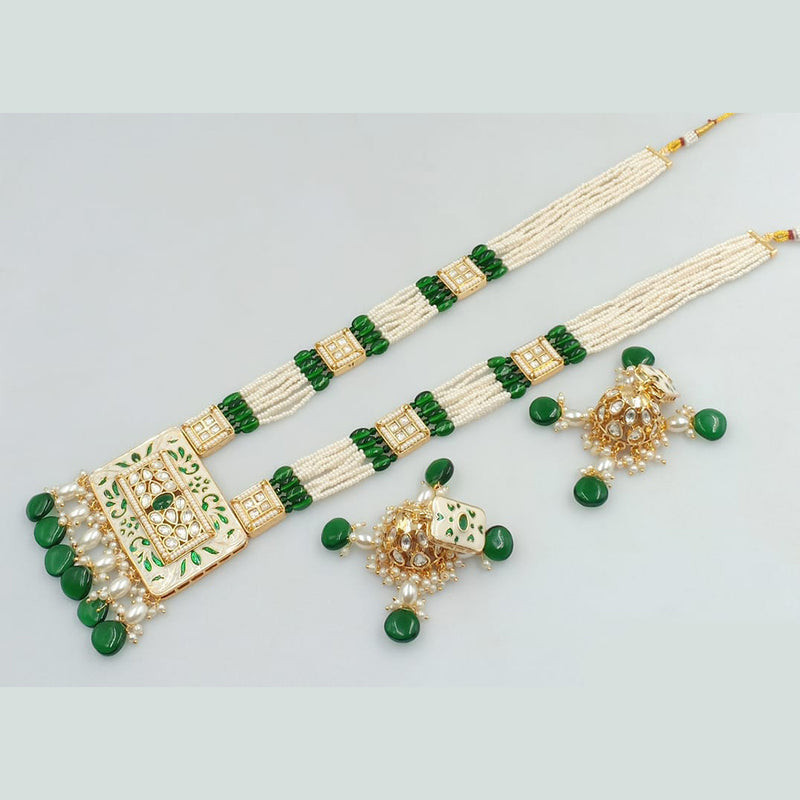 JCM Gold Plated Kundan Stone Pearls And Beads Meenakari Long Necklace Set