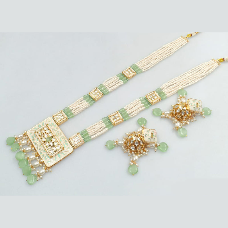 JCM Gold Plated Kundan Stone Pearls And Beads Meenakari Long Necklace Set