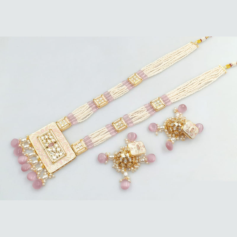 JCM Gold Plated Kundan Stone Pearls And Beads Meenakari Long Necklace Set