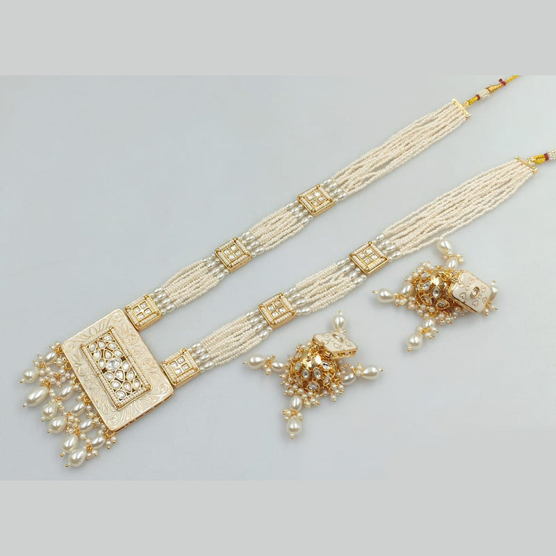 JCM Gold Plated Kundan Stone Pearls And Beads Meenakari Long Necklace Set