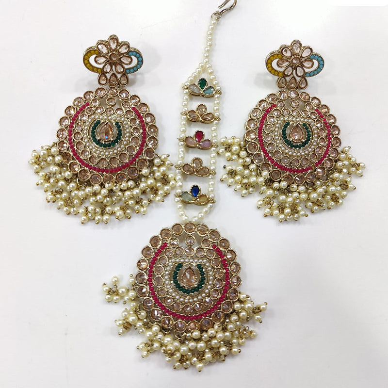 JCM Gold Plated Crystal Stone And Pearls Dangler Earrings With Maangtikka (Assorted Color 1 Piece Only)