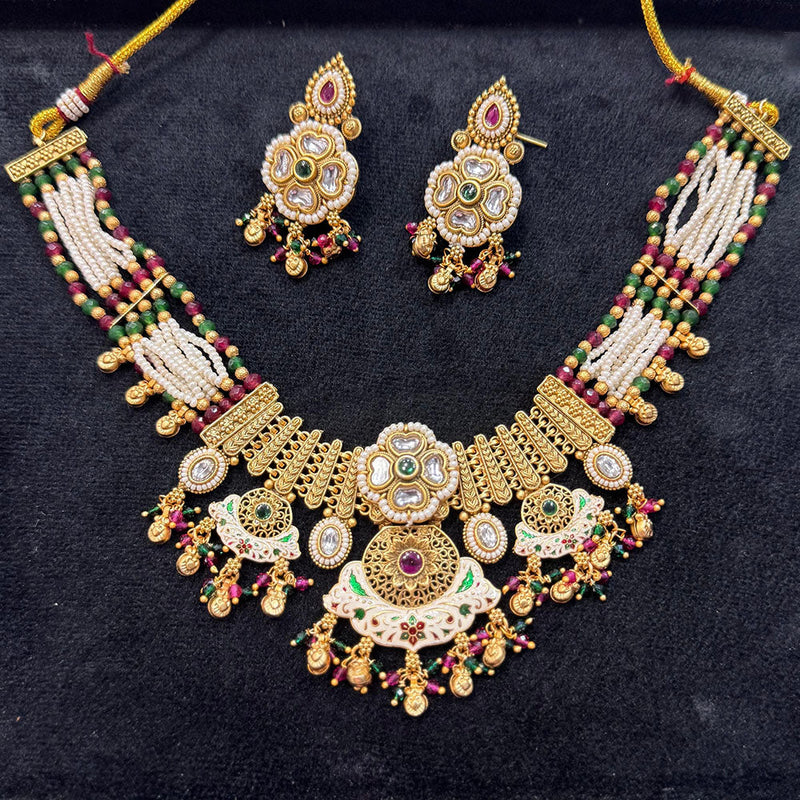 JCM Gold Plated Kundan Stone Pearl And Meenakari Necklace Set