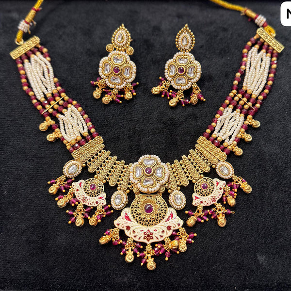 JCM Gold Plated Kundan Stone Pearl And Meenakari Necklace Set