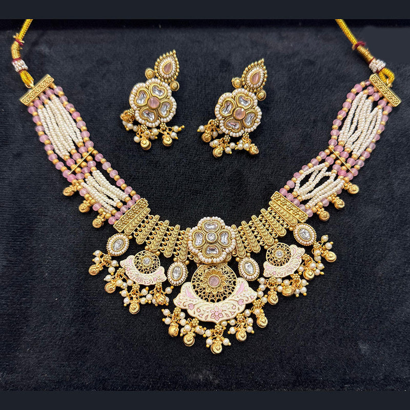 JCM Gold Plated Kundan Stone Pearl And Meenakari Necklace Set