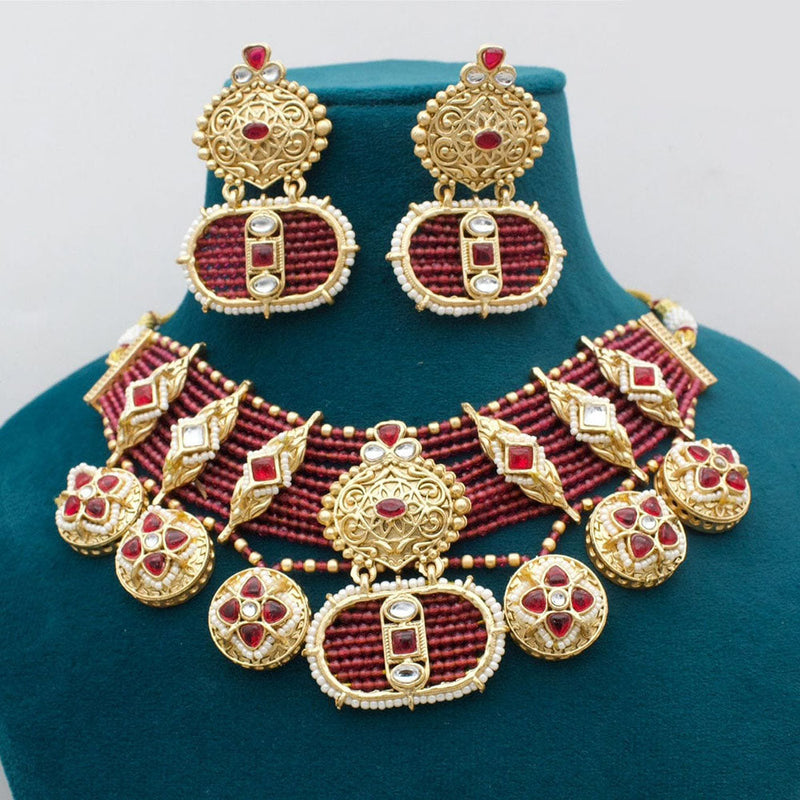 JCM Gold Plated Kundan Stone And Peals Necklace Set