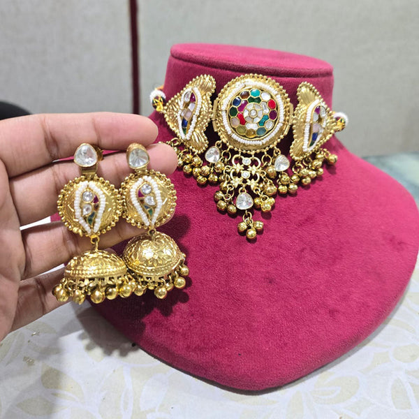 JCM Gold Plated Kundan Stone And Pota Stone Pearls Choker Necklace Set