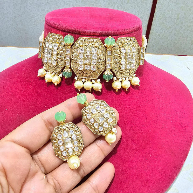 JCM Gold Plated Polki Kundan Stone Pearls Choker Necklace Set