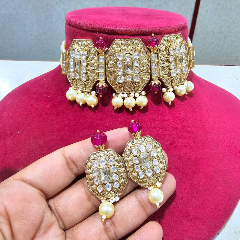 JCM Gold Plated Polki Kundan Stone Pearls Choker Necklace Set