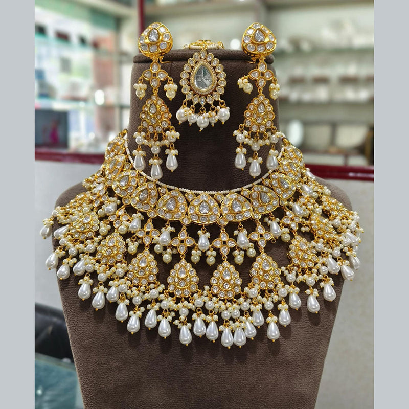 JCM Gold Plated Polki Kundan Stone Pearls Choker Necklace Set