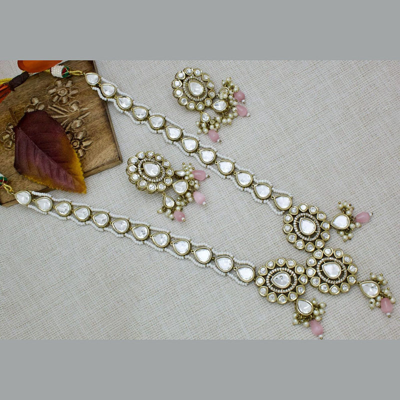 JCM Gold Plated Polki Kundan And Pearls Long Necklace Set