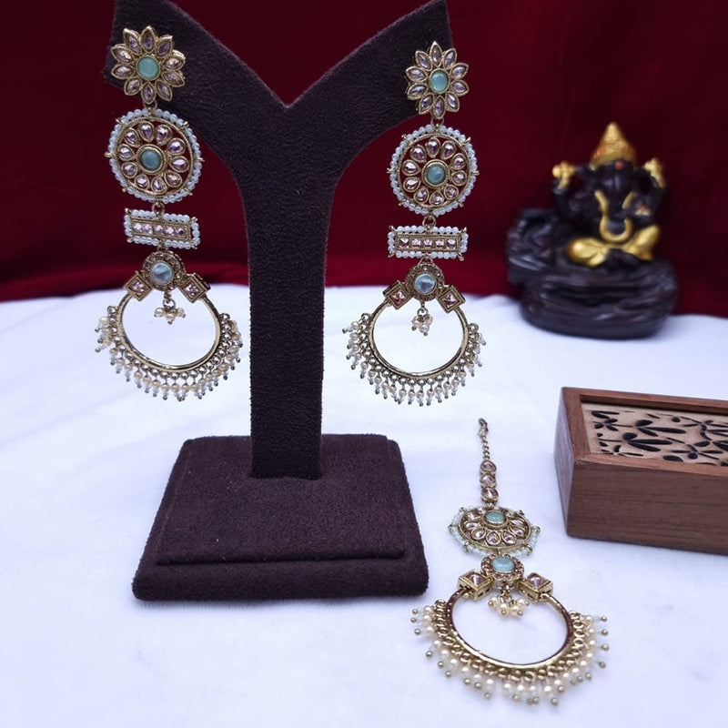 JCM Gold Plated Crystal Stone And Pearls Dangler Earrings With Maangtikka