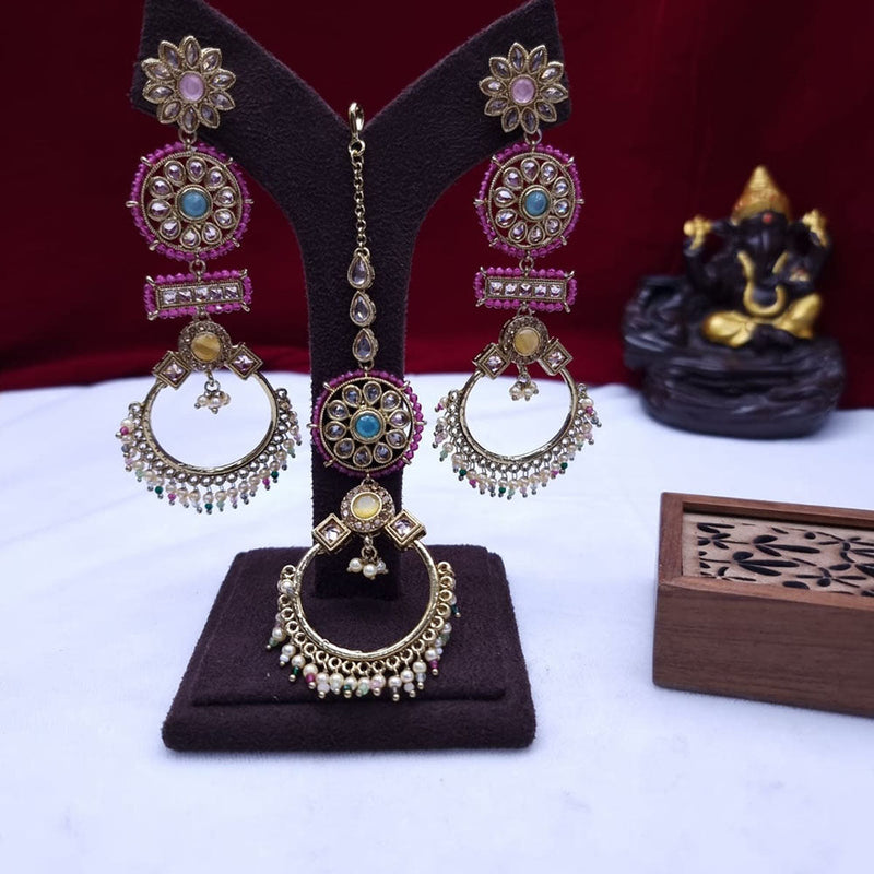 JCM Gold Plated Crystal Stone And Pearls Dangler Earrings With Maangtikka