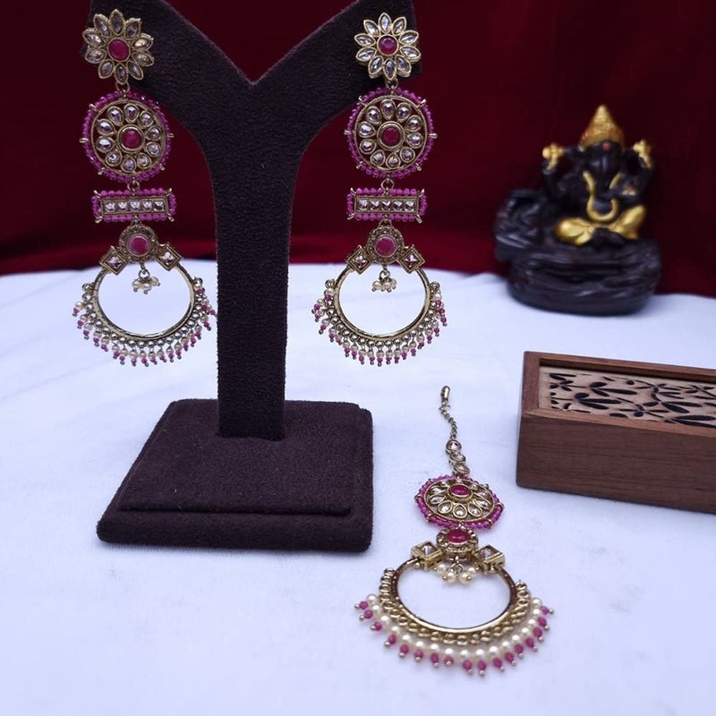 JCM Gold Plated Crystal Stone And Pearls Dangler Earrings With Maangtikka