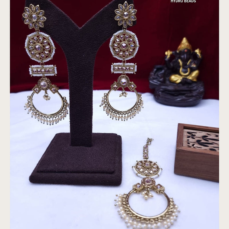 JCM Gold Plated Crystal Stone And Pearls Dangler Earrings With Maangtikka