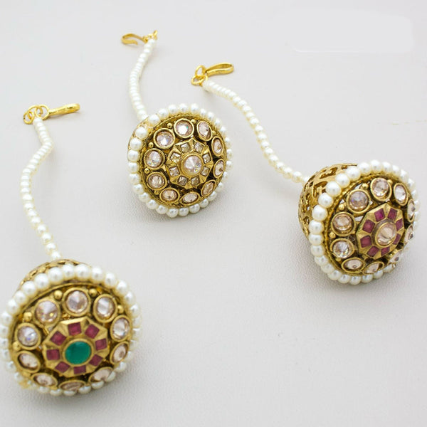 JCM Gold Plated Crystal Stone And Pearls Maangtikka