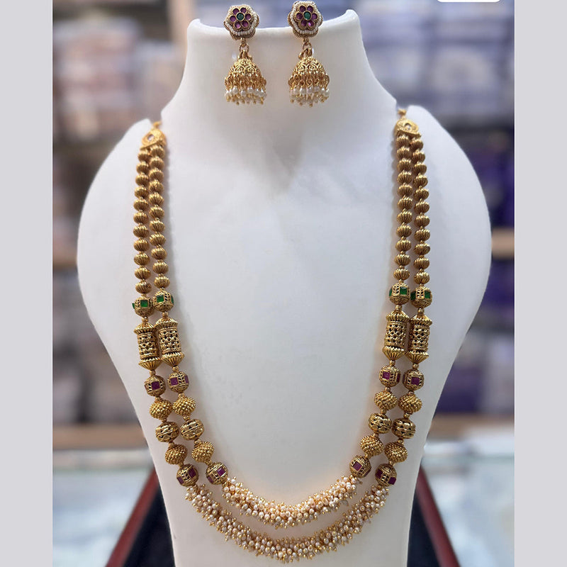 JCM Gold Plated Pota Stone And Pearls Long Necklace Set