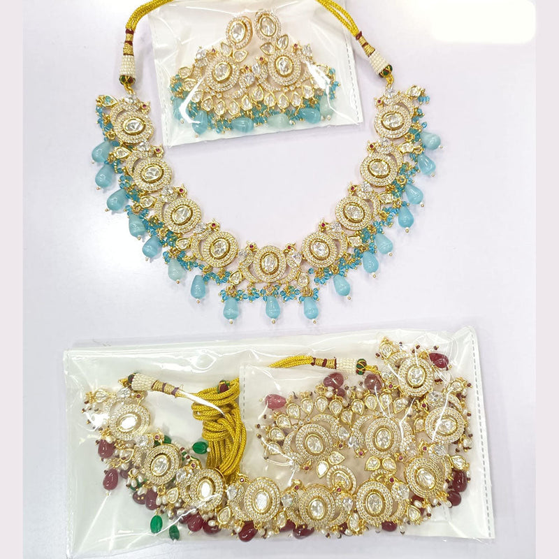 JCM Gold Plated Polki Kundan Stone Beads Necklace Set